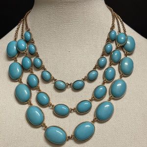 Vintage Necklace Triple Chain Blue Beads Graduated Sizes Gold Tone Chain
